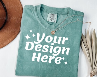 Comfort Colors 1717 Light green Adult Heavyweight RS T-Shirt mockup Comfort Colors mockup Short Sleeve Shirt flat lay mockup