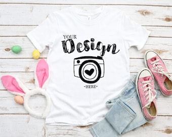 Easter Youth T-Shirt Mockup Bella canvas 3001Y White MOCK UP White Tshirt Mock Up Youth Mockup Wood Background Kids Tee Mock Up