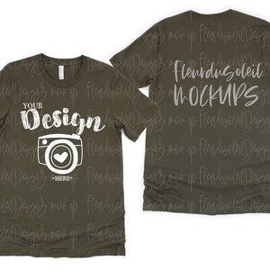 Front and Back Bella Canvas 3001 Army Flat Lay Mockup bella canvas 3001 mockup T-shirt Mockup Unisex Tee Mockup 3001 Army mockup