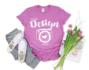 Gildan 64000 Heather Radiant Orchid Unisex TShirt mockup Gildan Softstyle Tshirt Mockup Flat Lay Shirt Mock Up spring mockup,