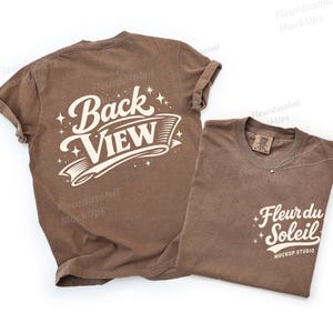 Comfort Colors 1717 Espresso Mockup Front and Back, CC1717 Brown Tee Flat Lay, Real Photo, Simple Minimal Neutral Basic Plain Background