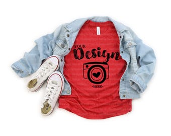kids t shirt mockup | Bella Canvas 3001Y Youth Heather red T-shirt Flat Lay | kids mockup tshirt | Summer Mockup | Flat Lay Mockup