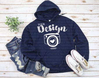 Gildan 18500 Hooded Sweatshirt Brand Navy hoodie Mockup t-shirt mockup gildan Flat Lay Shirt Mock Up White Wooden Background