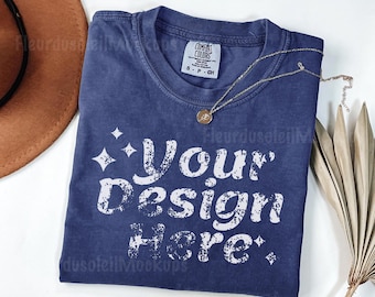 Comfort Colors C1717 True Navy Shirt Mockup | Flat Lay T-Shirt Mockup | True Navye Comfort Colors Tee Display | Lifestyle Shirt Mockup