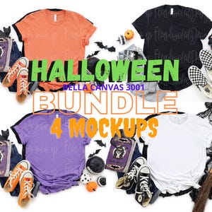 Bella Canvas 3001 Halloween Mockup Bundle, 4 Mockups Pack, BC3001 Tee, Simple Minimal Neutral Basic Plain Background Mockup, Real Photo