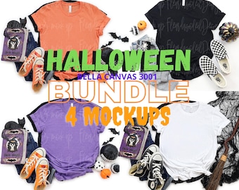 Bella Canvas 3001 Halloween Mockup Bundle, 4 Mockups Pack, BC3001 Tee, Simple Minimal Neutral Basic Plain Background Mockup, Real Photo