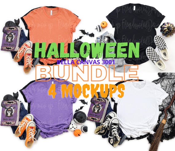 Bella Canvas 3001 Halloween Mockup Bundle, 4 Mockups Pack, BC3001 Tee, Simple Minimal Neutral Basic Plain Background Mockup, Real Photo