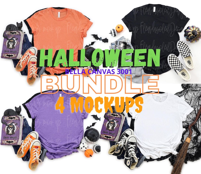 Bella Canvas 3001 Halloween Mockup Bundle, 4 Mockups Pack, BC3001 Tee, Simple Minimal Neutral Basic Plain Background Mockup, Real Photo