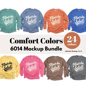 Pode incluir: Um pacote de mockups de camisas de manga comprida em várias cores, incluindo verde-azulado, azul, laranja e amarelo. Cada camisa apresenta o texto "Fleur du Soleil" e "Mockup Studio". A imagem também exibe o texto "Comfort Colors 6014 Mockup Bundle" e "24 cores".
