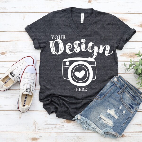 Bella Canvas 3005 V-neck Dark Grey Heather Flat Lay Bella Canvas mock up grey tee mockups bella canvas 3005 mockup spring mock up photo