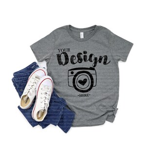 Bella Canvas 3001Y Deep Heather Youth T-Shirt Mockup | Kids Tee Flat Lay | Real Shirt Mockup | Minimal