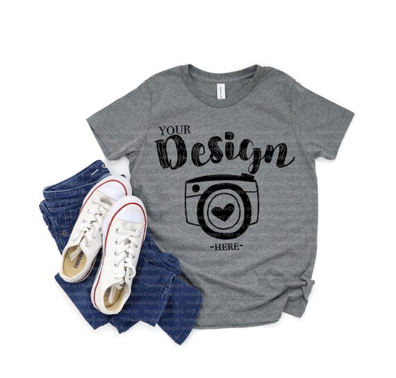 Bella Canvas 3001Y Deep Heather Youth T-Shirt Mockup | Kids Tee Flat Lay | Real Shirt Mockup | Minimal