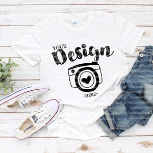 Gildan 64000 White Unisex TShirt mockup Gildan Softstyle Tshirt Mockup Flat Lay Shirt Mock Up Fall mockup,White Wooden Background