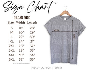 Gildan Size Chart | Gildan 5000 Size Chart | Gildan mockup Size Chart | Gildan Unisex T-Shirt Mockup Size Chart