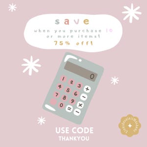 The image is a promotional graphic for a sale, featuring a calculator and text that provides a 75% discount when purchasing a certain number of items.