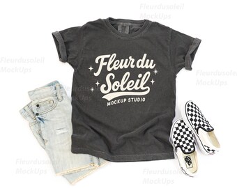 Comfort Colors 9018 Pepper Youth T-Shirt Mockup | Grey Kids Tee Shirt Mock Up | Neutral Minimal Styled Youth Shirt Mockup