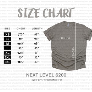 Next Level 6200 Size Chart | Next Level Size Chart | Next Level T-shirt Size Chart | Next Level Unisex Poly Cotton T-Shirt Size Chart