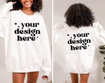 Gildan 18000 White Sweatshirt Mockup, Front and Back Model Mockup, Crewneck Sweatshirt Mockup, Digital Download