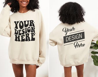 Front and Back 18000 Gildan Sand Heavy Blend Sweatshirt Mockup Model Sweatshirt Mock up Gildan 18000 oversized mockup