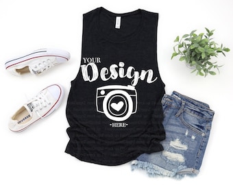 Mock up di primavera Bella Canvas 8803 Black Heather Flowy Muscle Tank Mock Up, T-Shirt Mock Up, Mock Up, Flat Lay, Bella Canvas Mock up