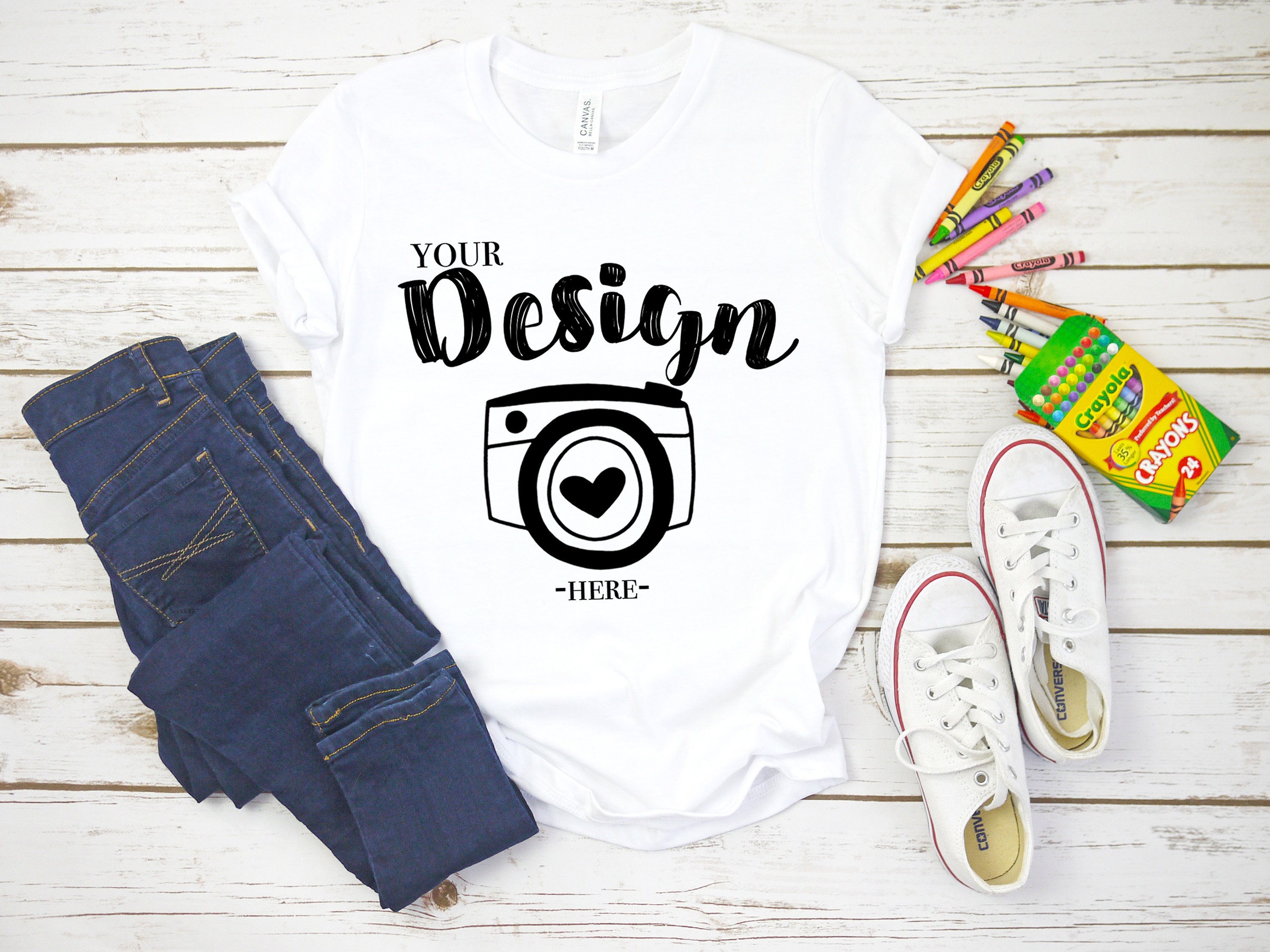 Bella Canvas 3001Y Youth White Jersey Short-Sleeve T-shirt Flat Lay T-Shirt Mock Up  Mock Up Flat Lay