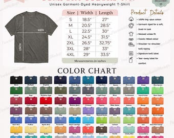 May include: A colour and size guide for the Comfort Colors 1717 unisex heavyweight t-shirt. Includes a sizing chart with measurements in inches, a list of product details, and a colour chart displaying 84 different shirt colour options.