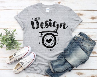 Gildan 64000 Sport Grey Unisex TShirt mockup Gildan Softstyle Tshirt Mockup Flat Lay Shirt Mock Up White Wooden Background