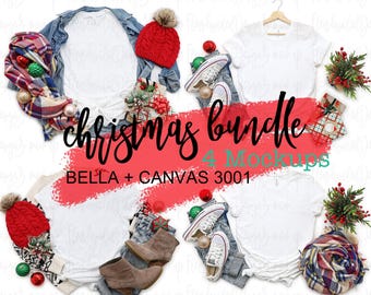 Bella Canvas 3001 Christmas Mockup Bundle, Holiday White Shirt Flat Lay, BC3001 Tee, Simple Minimal Neutral Basic Plain Background Mockup