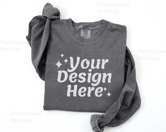 Comfort Colors C6014 Pepper Long Sleeve Mockup | Real Photo Flat Lay | Cozy Fall Boho