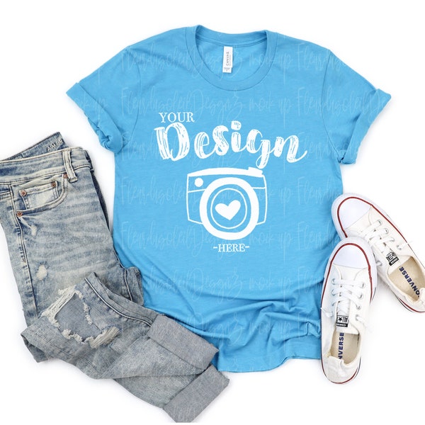 Bella Canvas Mockup | Bella Canvas 3001 Shirt Mock Up | summer t-shirt mockup | Flat Lay Mockup | spring tshirt mockups | 3001 heather Aqua