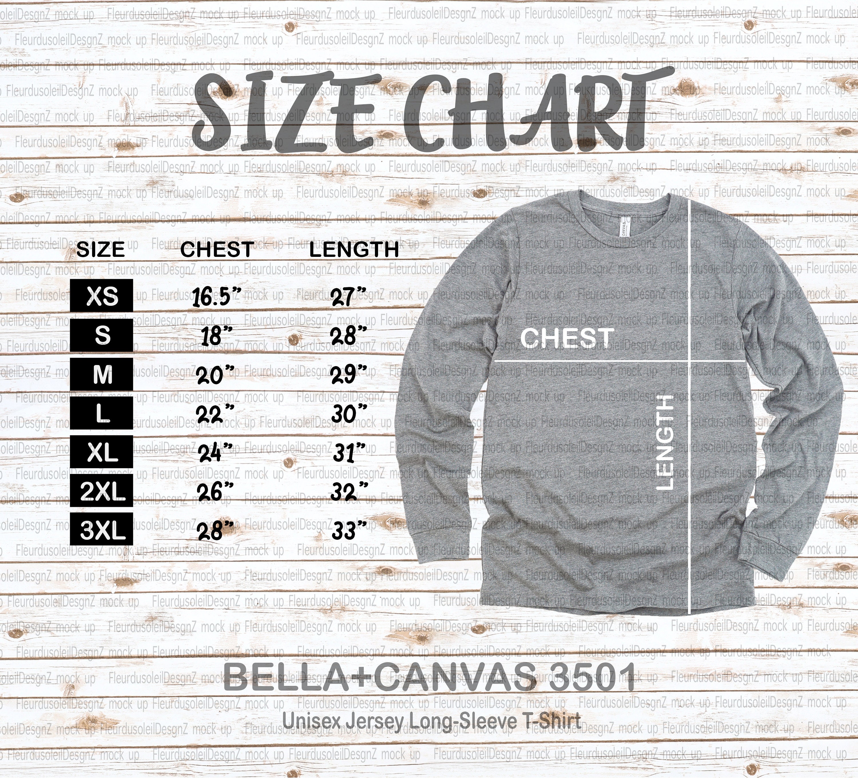 bella canvas long sleeve size chart