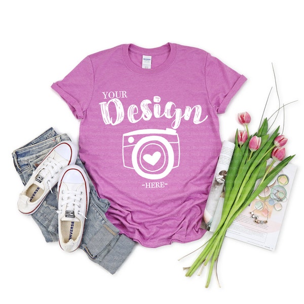 Gildan 64000 Heather Radiant Orchid Unisex TShirt mockup Gildan Softstyle Tshirt Mockup Flat Lay Shirt Mock Up spring mockup,