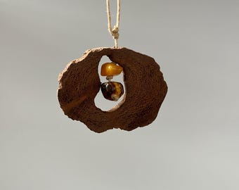 Handmade Driftwood and Amber Necklace – Baltic Amber Boho Pendant, Organic Rustic Jewelry, Artisan Nature Gift