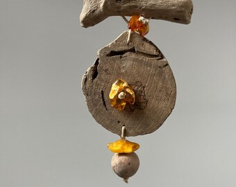 Handmade Driftwood and Amber Necklace – Baltic Amber Boho Pendant, Organic Rustic Jewelry, Artisan Nature Gift