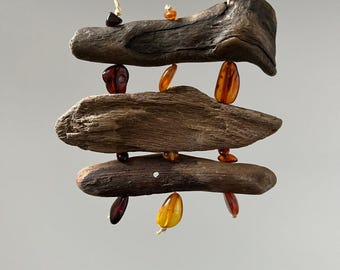 Baltic Amber & Driftwood Necklace, Rustic Design Jewelry, Boho Style Pendant, Unique Handmade Gift for Her