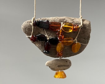 Rustic Amber and Driftwood Necklace – Handmade Baltic Amber Pendant, Boho Nature Jewelry, Unique Eco Friendly Gift