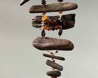 Raw Baltic Amber Driftwood Pendant Necklace, Rustic Boho Design, Natural, Handmade Jewelry, Beach Vibe Style in Earthy Rustic colors