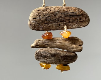 Amber and Driftwood Statement Necklace – Handmade Baltic Amber Pendant, Rustic Boho Jewelry, Unique Artisan Necklace, Nature Inspired Gift
