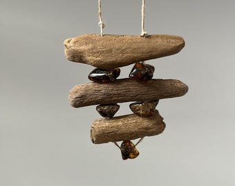 Dark Baltic Amber & Driftwood Necklace – Rustic Handmade Pendant, Natural Eco-Friendly Boho Jewelry, Unique Gift
