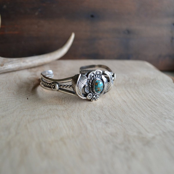 Sterling SW style turquoise cuff -VINTAGE COLLECTION-  boho biker 70's bohemian hippy hipster