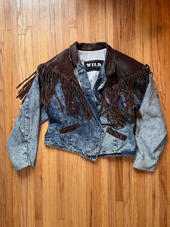 Wild Blue 80's Denim and Leather Fringe Jacket - Etsy Wild Blue 80's Denim and Leather Fringe Jacket - Etsy