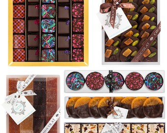 Large Chocolate Gift Basket -Truffles, Mendiants, Pate de Fruit, Glazed Orange Slices, Nougat, Chocolate Covered Cookies. IN A GIFT BOX