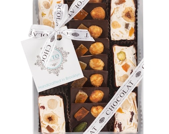 Square Chocolate Mendiants and Chocolate Dipped Nougat- Gluten Free. Kosher Parve Certified. Natural and Organic Ingredients