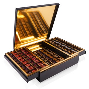 Luxurious Ebony Jewelry Chocolate Gift Box - 128pc Handcrafted Truffles - Gluten Free • Kosher Parve • Made in Brooklyn, New York