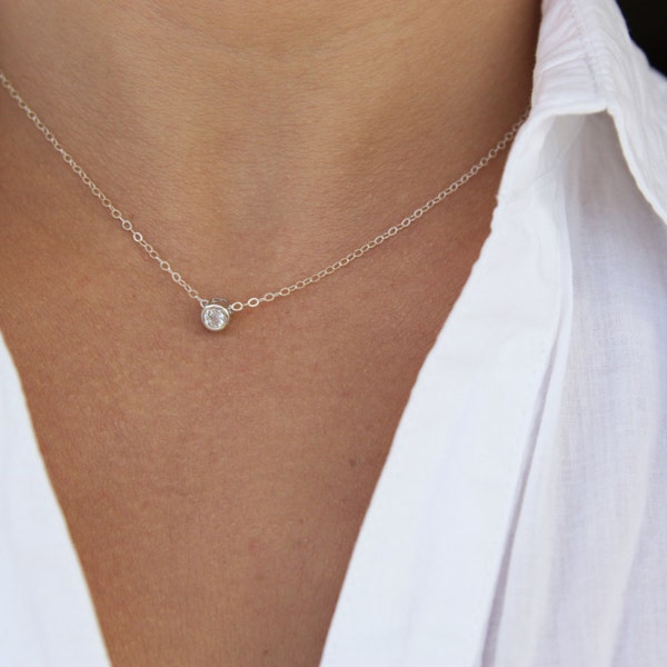 Floating Diamond Necklace CZ Necklace Dainty Silver Necklace Solitaire Necklace Layering Necklace Minimalist Necklace CZ Diamond Necklace