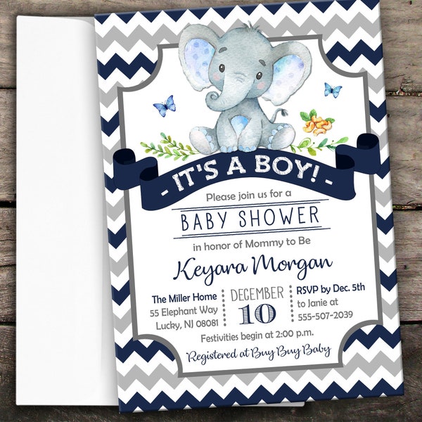 10% OFF Printed or Digital Elephant Baby Shower Invitation Navy Blue Elephant Baby Shower Invitation Chevron Elephant Baby Invitation