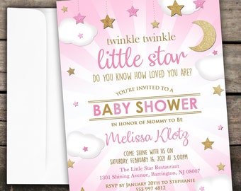 10% OFF NEW Printed or Digital Twinkle Twinkle Little Star Baby Shower Invitation Pink and Gold Baby Shower Girl Baby Shower Invitation