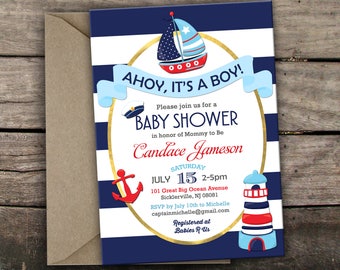 10% OFF Printed or Digital Nautical Baby Shower Invitation Ahoy It's A Boy Baby Shower Invitation Sailor Baby Shower Invitation