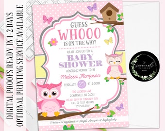 May include: Pink and grey baby shower invitation with an owl design. The invitation says "Guess Whoo Is On The Way!" and includes details for the shower, including the date, time, and location. The invitation also includes a small logo for "Savannahs Memories".