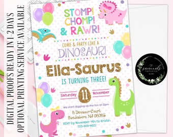 Pastel Dinosaur Birthday Invitation Pink Gold Dino Invitation Three Rex Birthday Invite Dinosaur Birthday Party Girl Dinosaur Party Invite